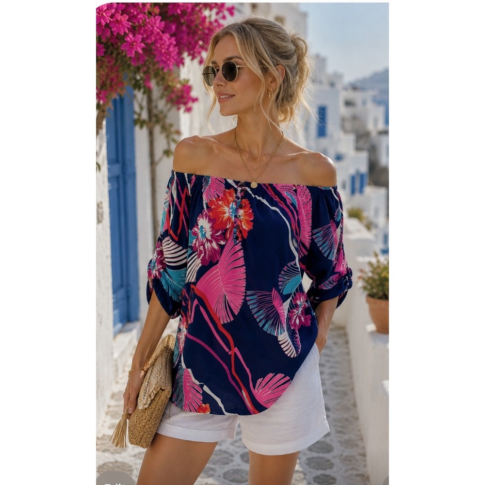 Yumi‎ Kim Navy Blue Tropical Floral Smocked Off The Shoulder Top Small Resort